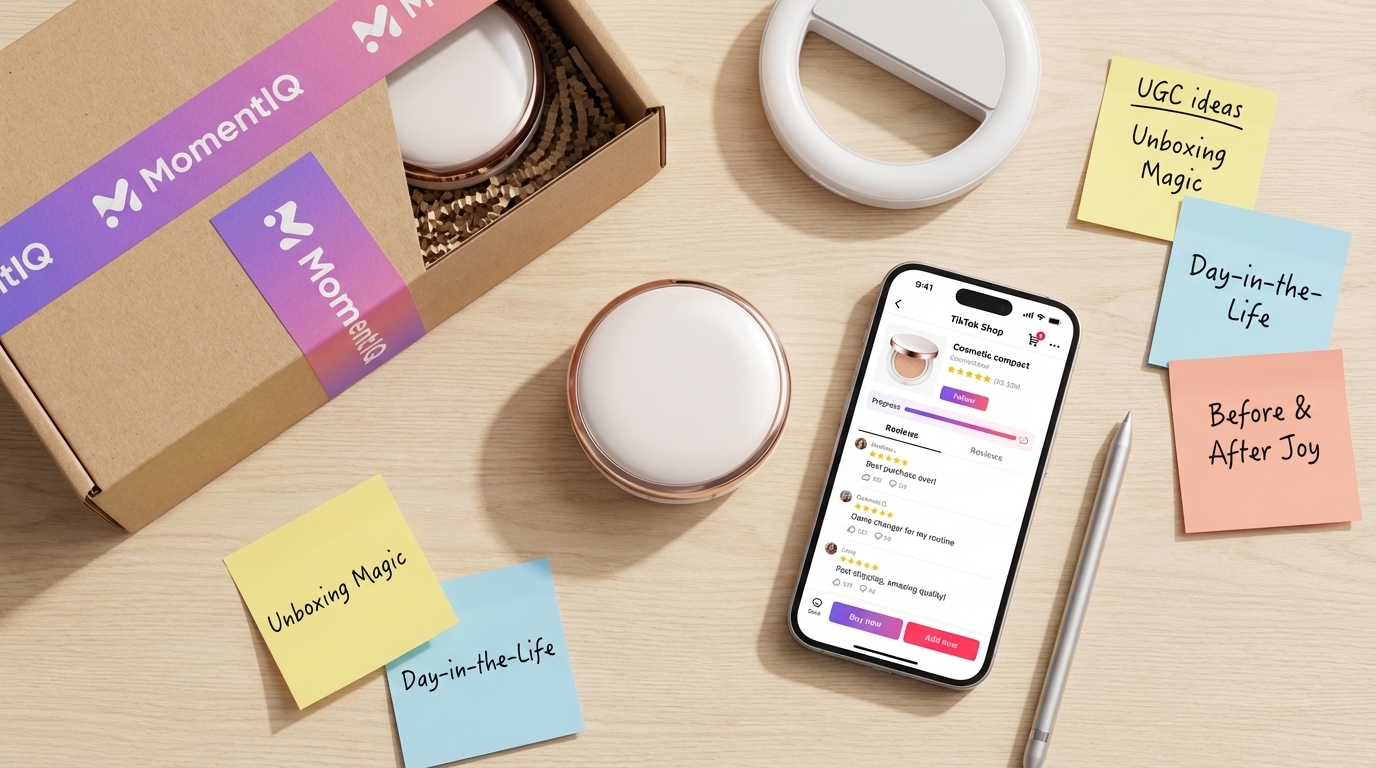 Flat lay of a creator's desk with TikTok Shop product listing, branded packaging, and UGC strategy notes.