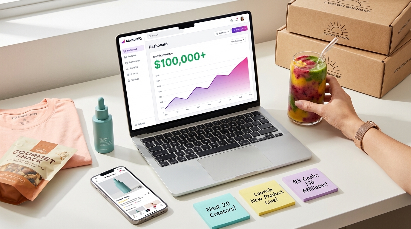 Flat lay of a desk showing a laptop with a TikTok Shop dashboard displaying $100K+ monthly revenue, product samples, and branded shipping boxes.
