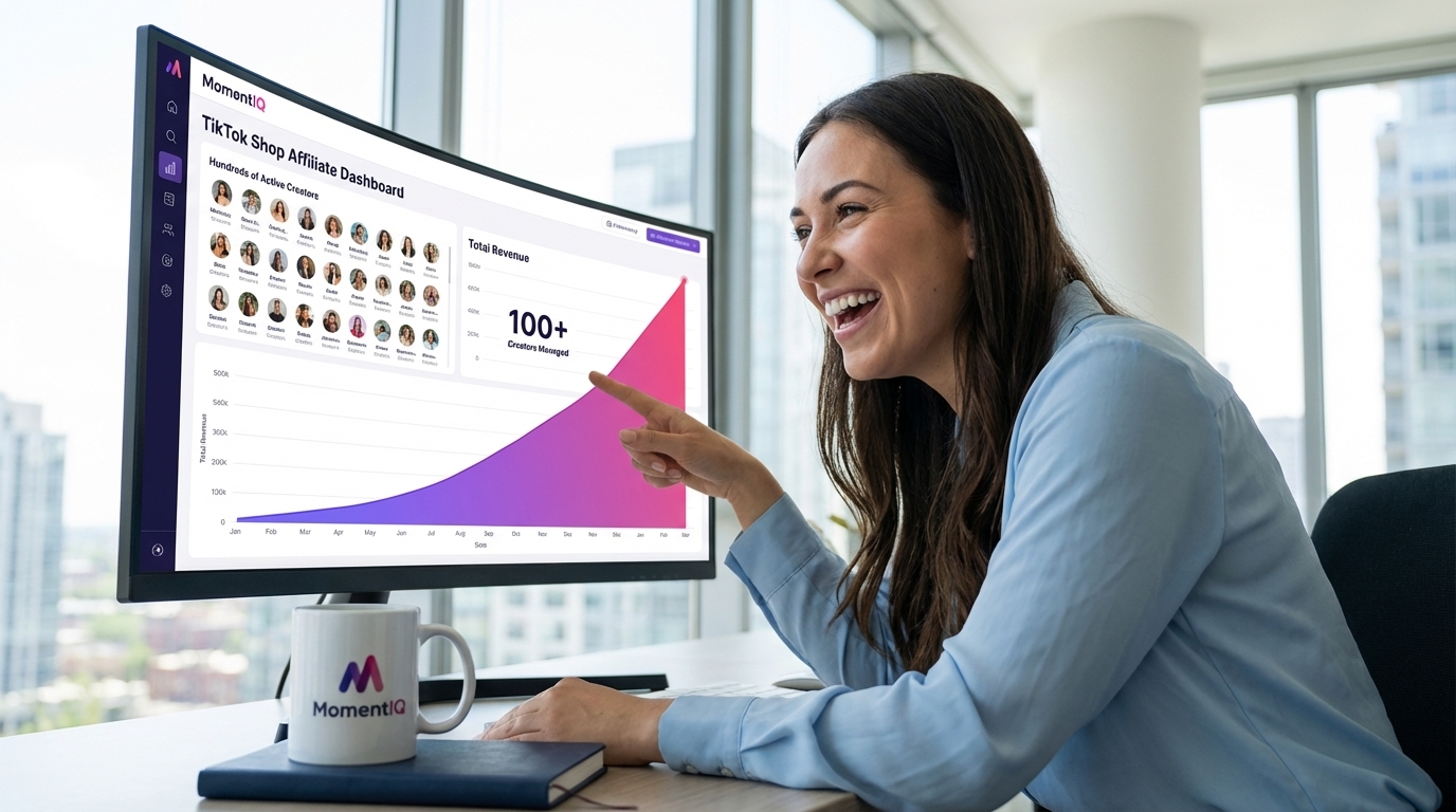 Brand manager confidently reviewing a sophisticated TikTok Shop affiliate management system showing hundreds of active creators.