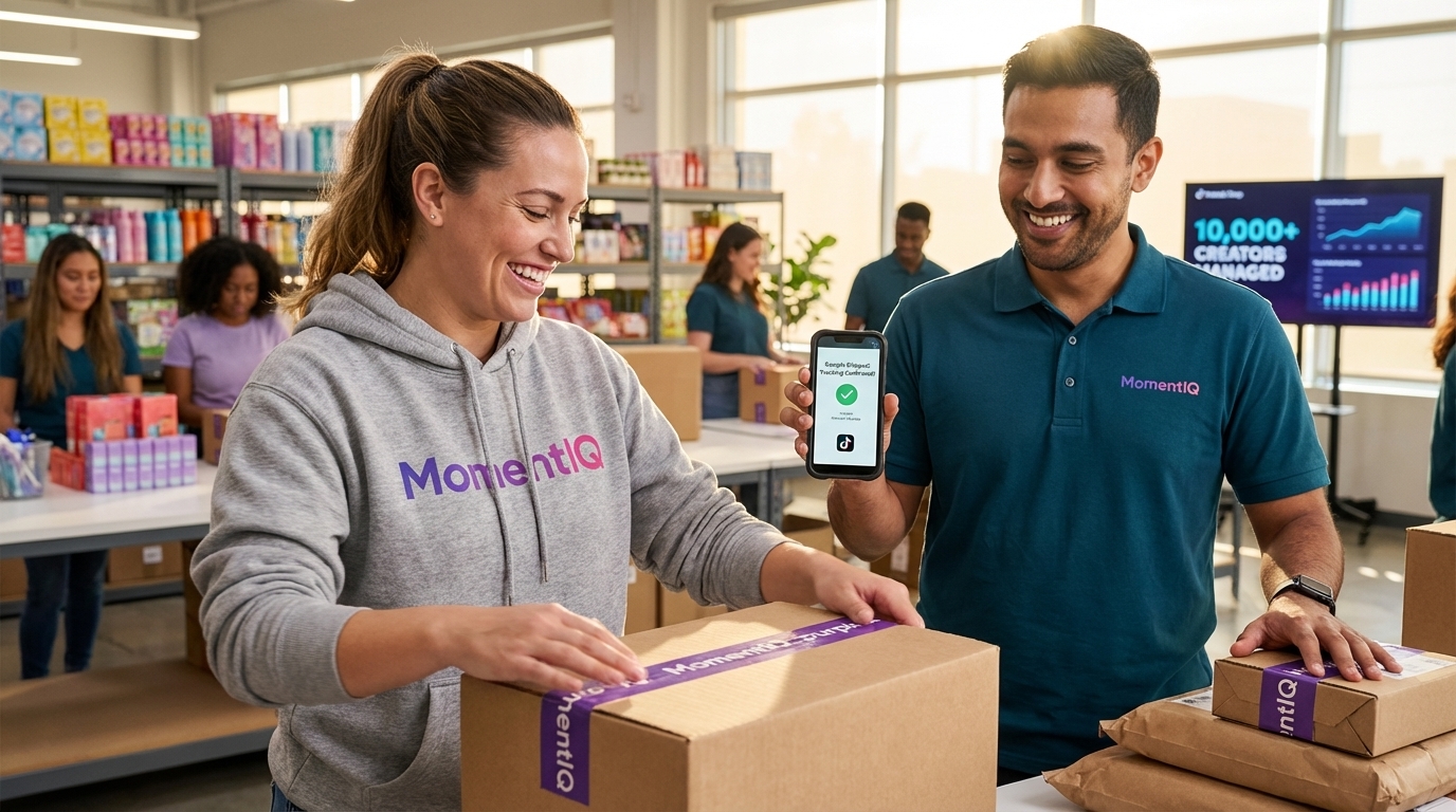 Organized warehouse team efficiently preparing and tracking TikTok Shop product seeding packages for creators.