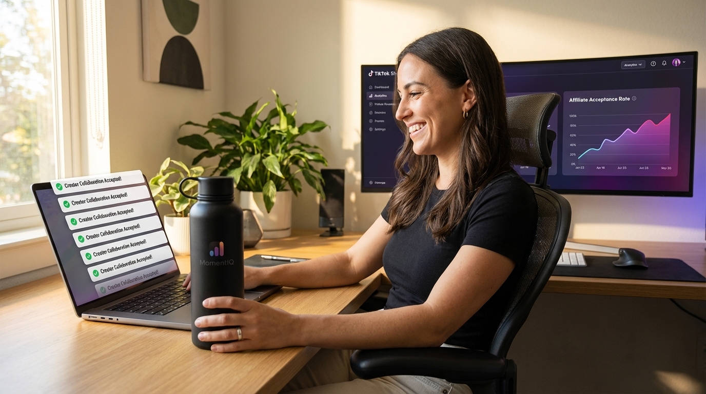 Brand manager smiling at her laptop showing high TikTok Shop creator collaboration acceptance rates and campaign success.