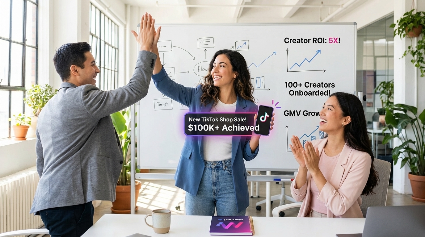 Dynamic team high-fiving in a war room, celebrating successful TikTok Shop growth strategies and new sales notifications.