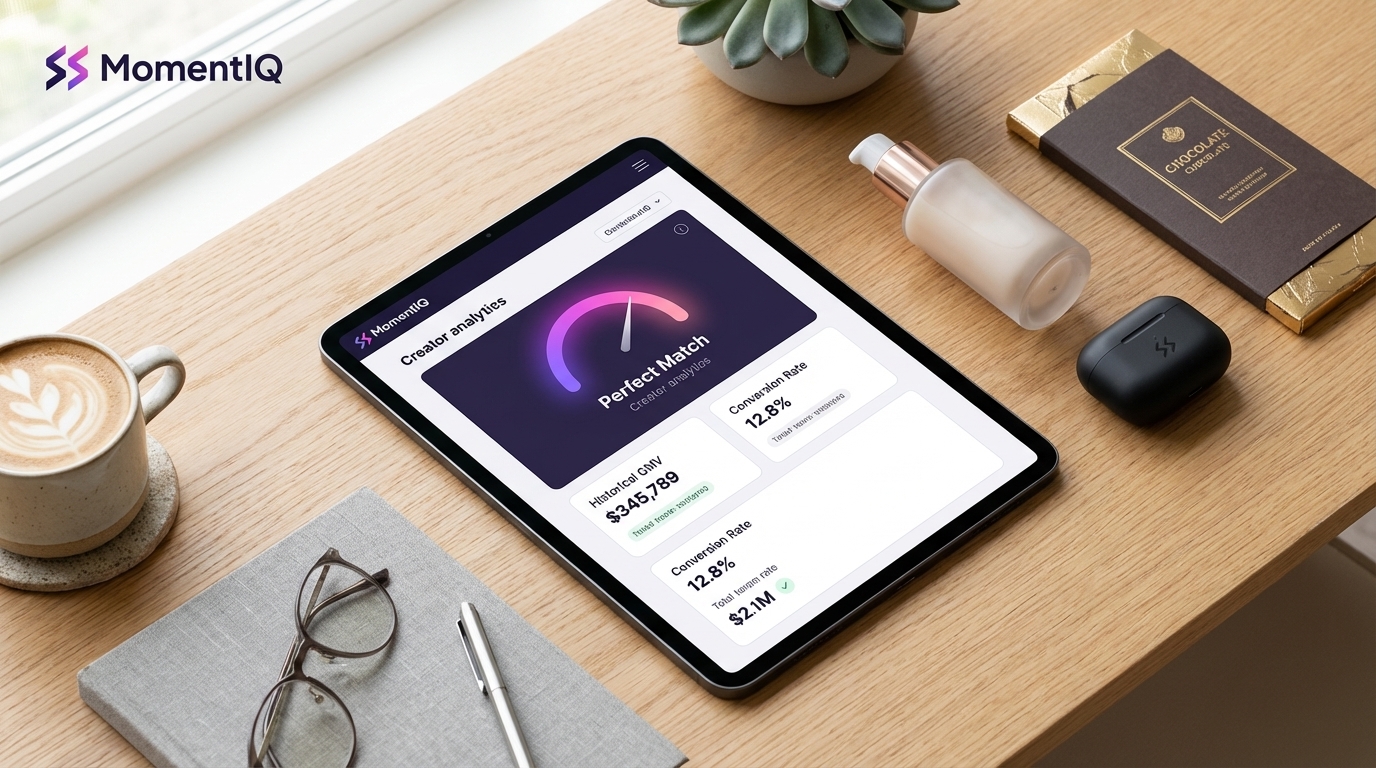 Flat lay of a desk showing a tablet with TikTok Shop creator analytics and historical GMV data for 'perfect match' selection, surrounded by product samples.