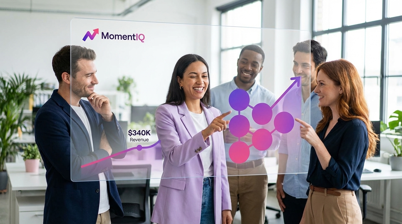 Aspirational shot of a diverse marketing team confidently using an interactive screen displaying algorithmic TikTok Shop creator matching.