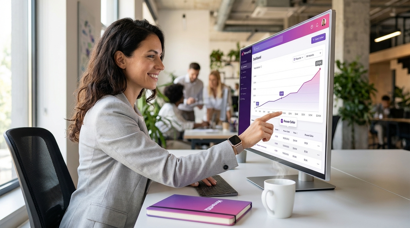 UX designer confidently interacting with a unified TikTok Shop technology dashboard, highlighting proven seller identification.