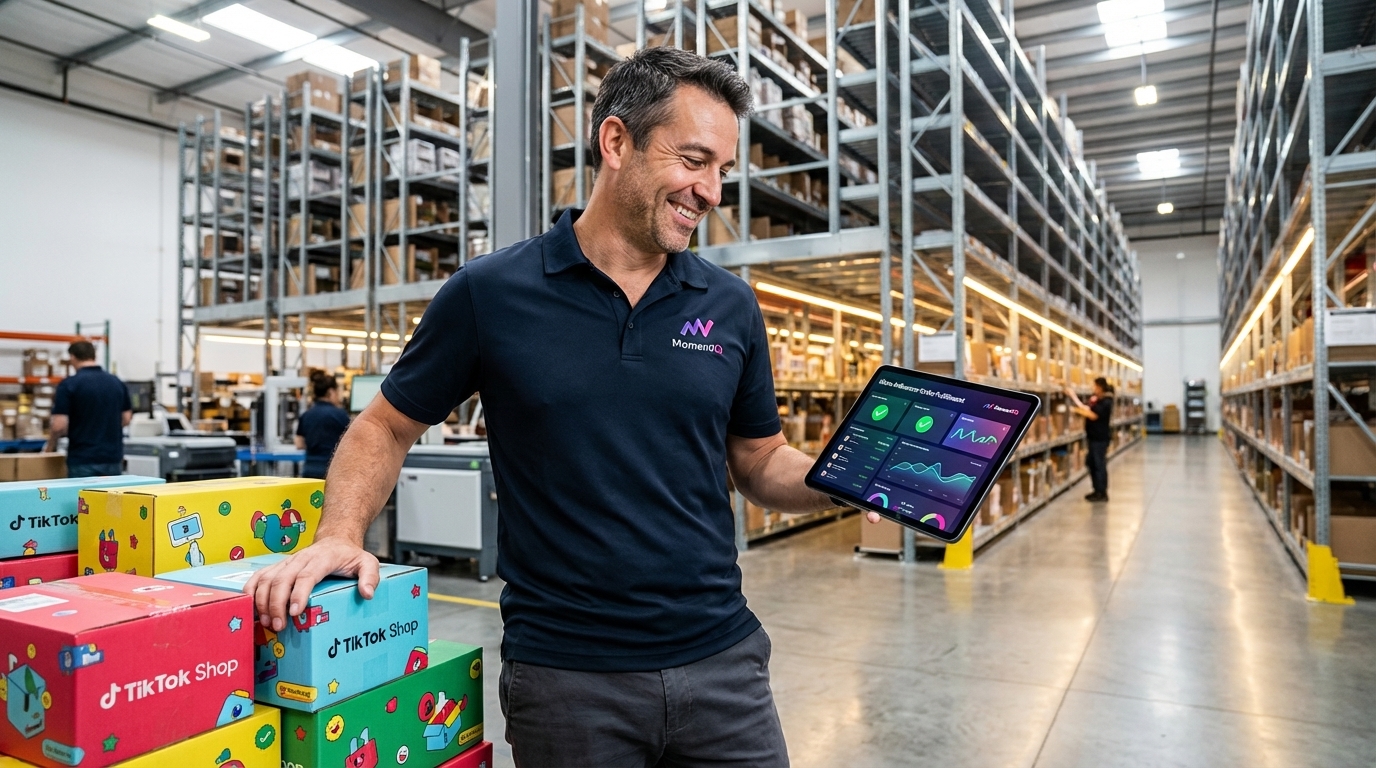 Smiling warehouse manager reviewing micro-influencer order fulfillment on a tablet, showing efficient processing of targeted TikTok Shop orders.