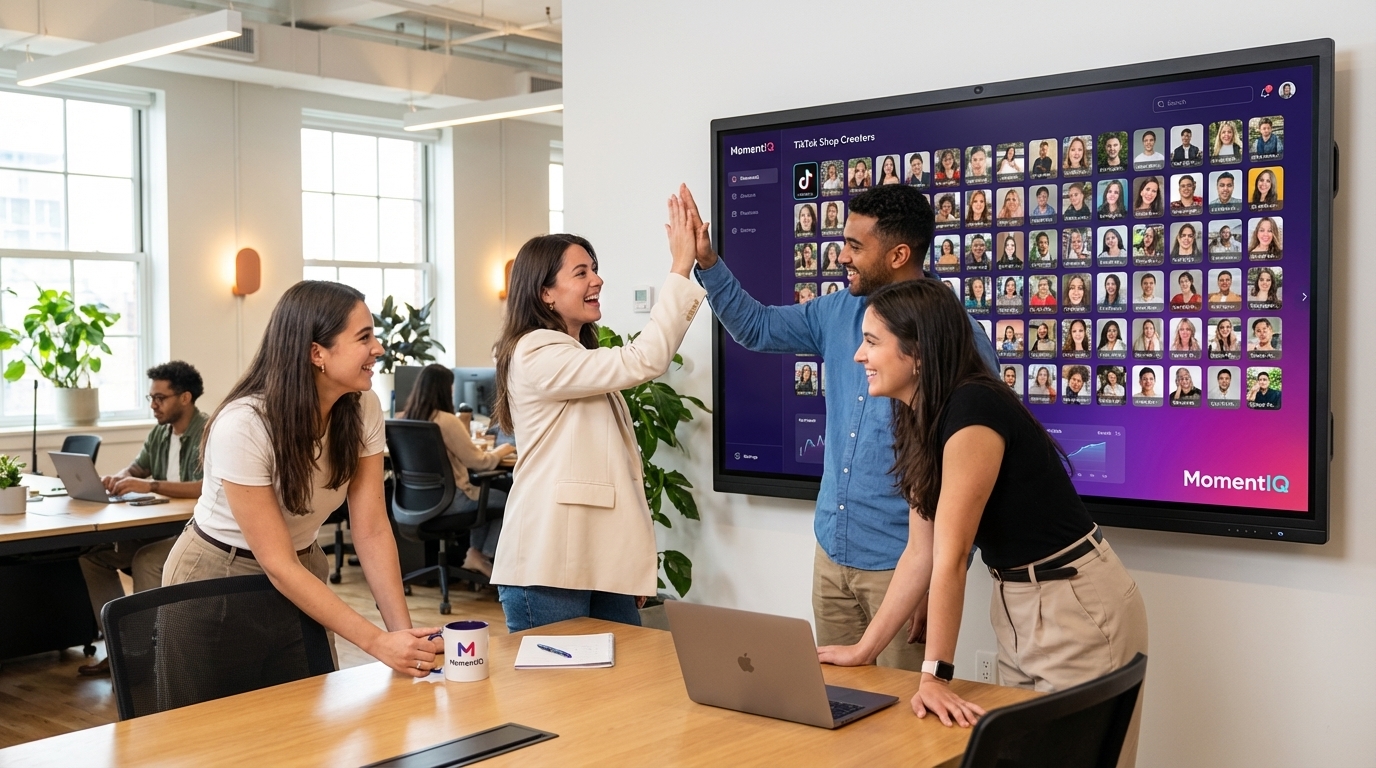 Aspirational shot of a diverse team celebrating successful TikTok Shop creator partnerships displayed on a large interactive screen.