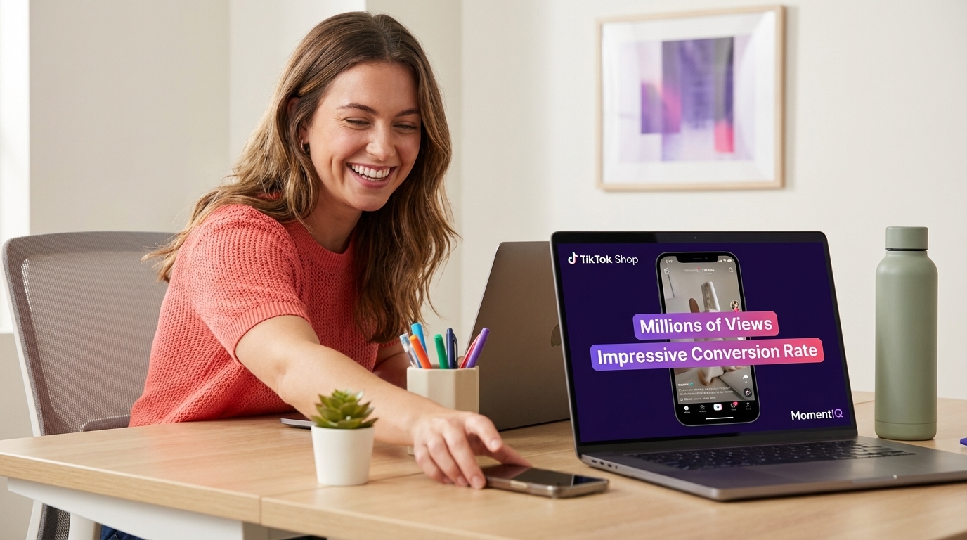 Social media manager happily reviewing a TikTok Shop video with millions of views and high conversion rates on her laptop.