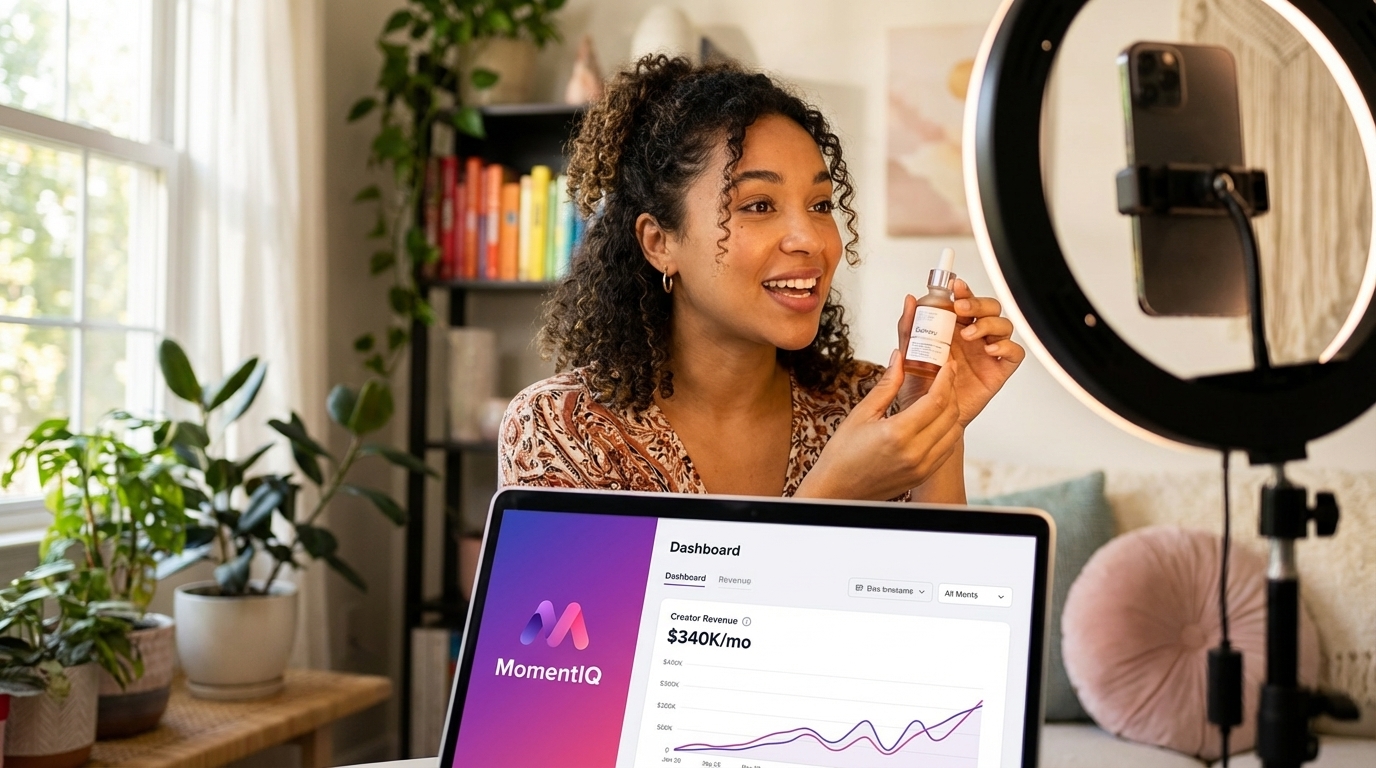 Vibrant TikTok creator enthusiastically filming a product review in her home studio, powered by MomentIQ strategy.
