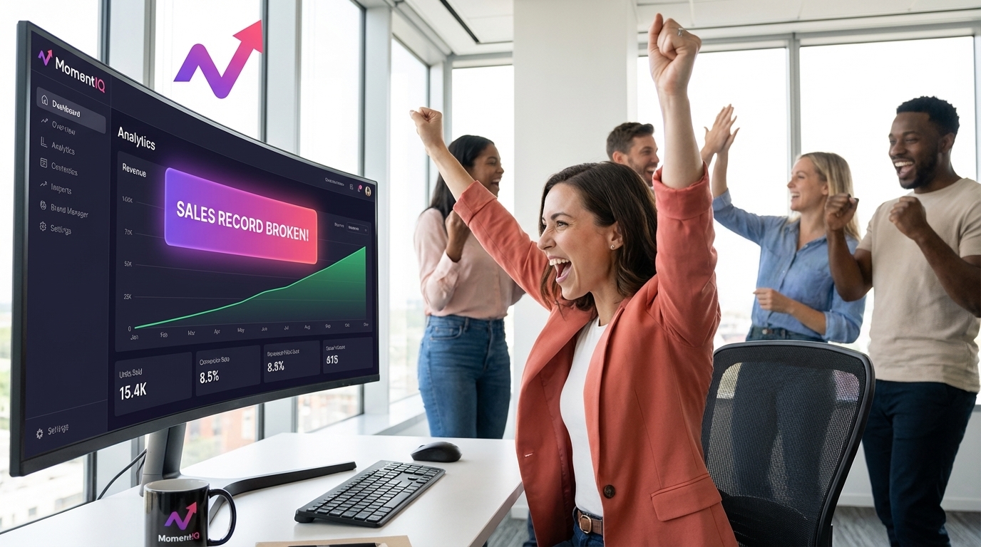 Brand team celebrating a broken sales record on TikTok Shop analytics dashboard in a modern office.