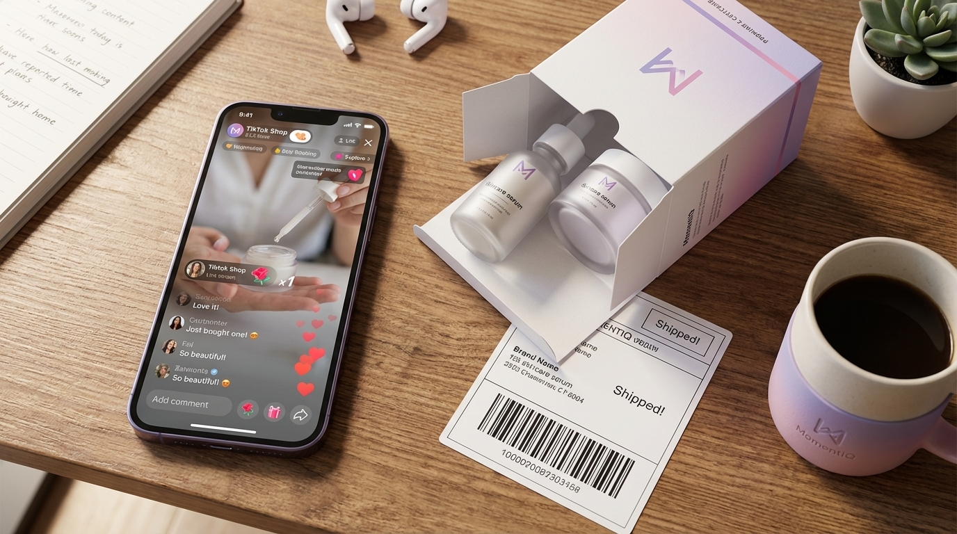 Flat lay of a smartphone showing TikTok Shop live stream next to an unboxed product and branded packaging.