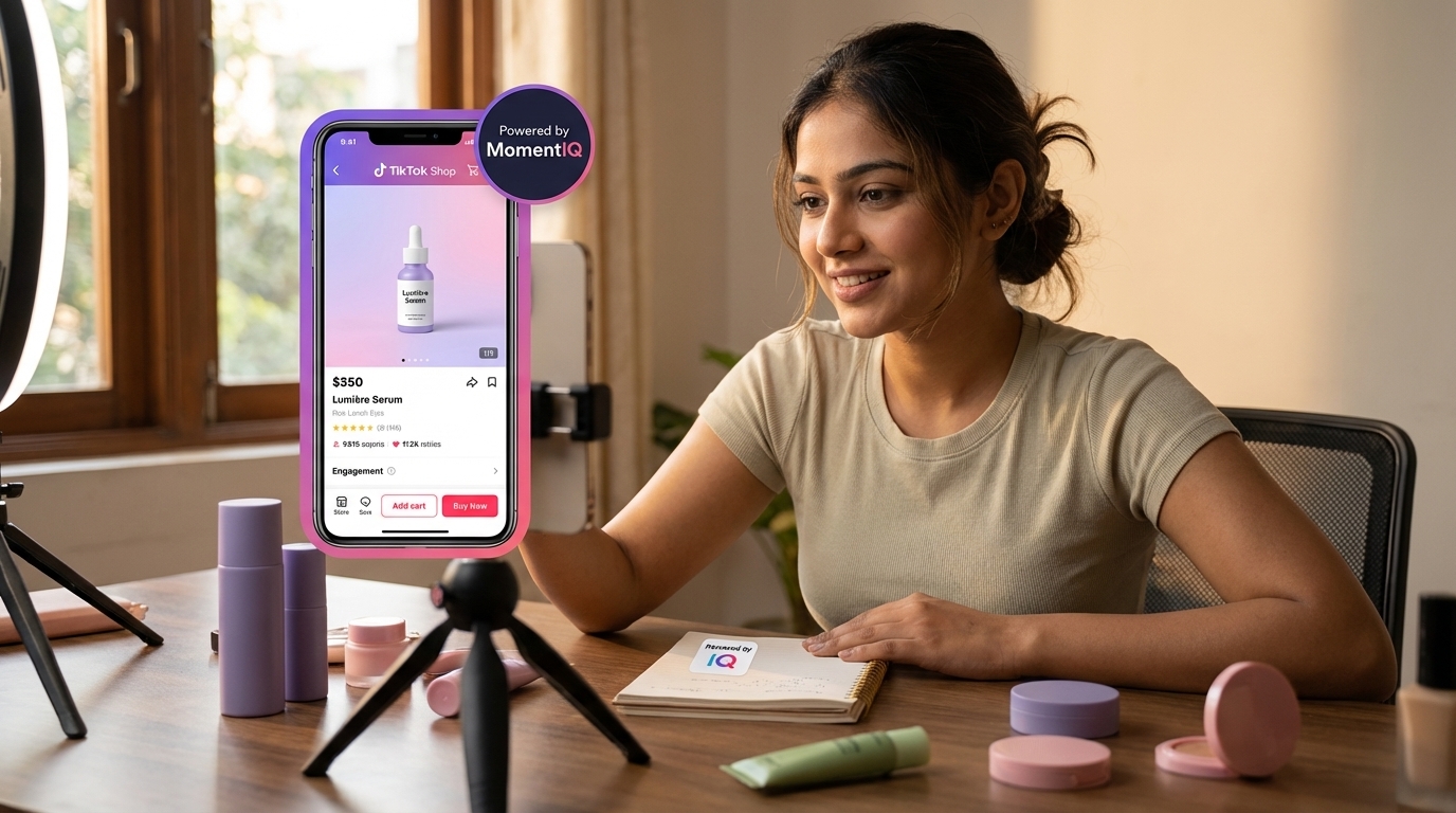 Confident entrepreneur reviewing TikTok Shop product listing in her home studio setup with colorful products.