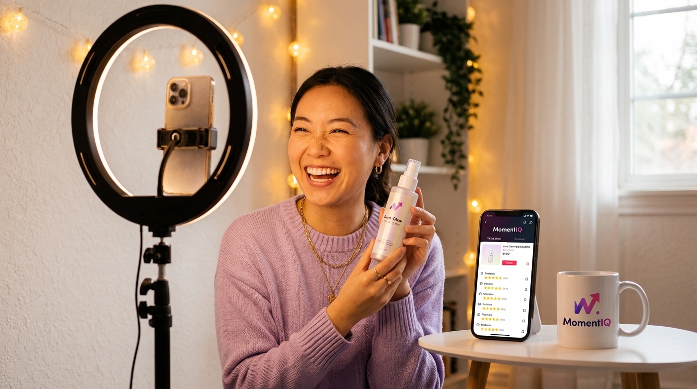 Joyful TikTok Shop creator confidently demonstrating a beauty product in her studio setup with phone showing product reviews.