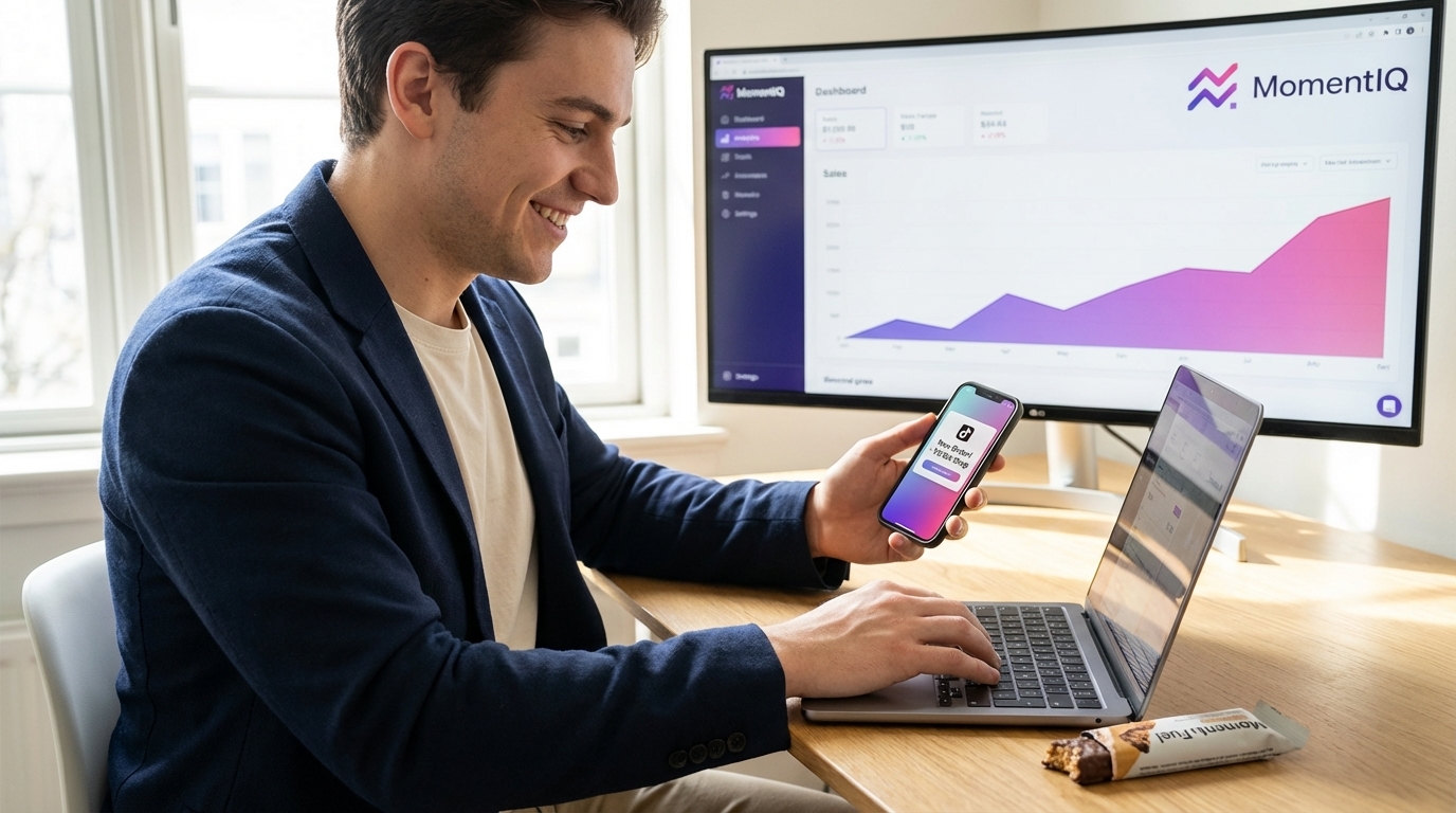 Excited professional reacting to a 'New Order!' notification on TikTok Shop seller dashboard with upward sales trend.