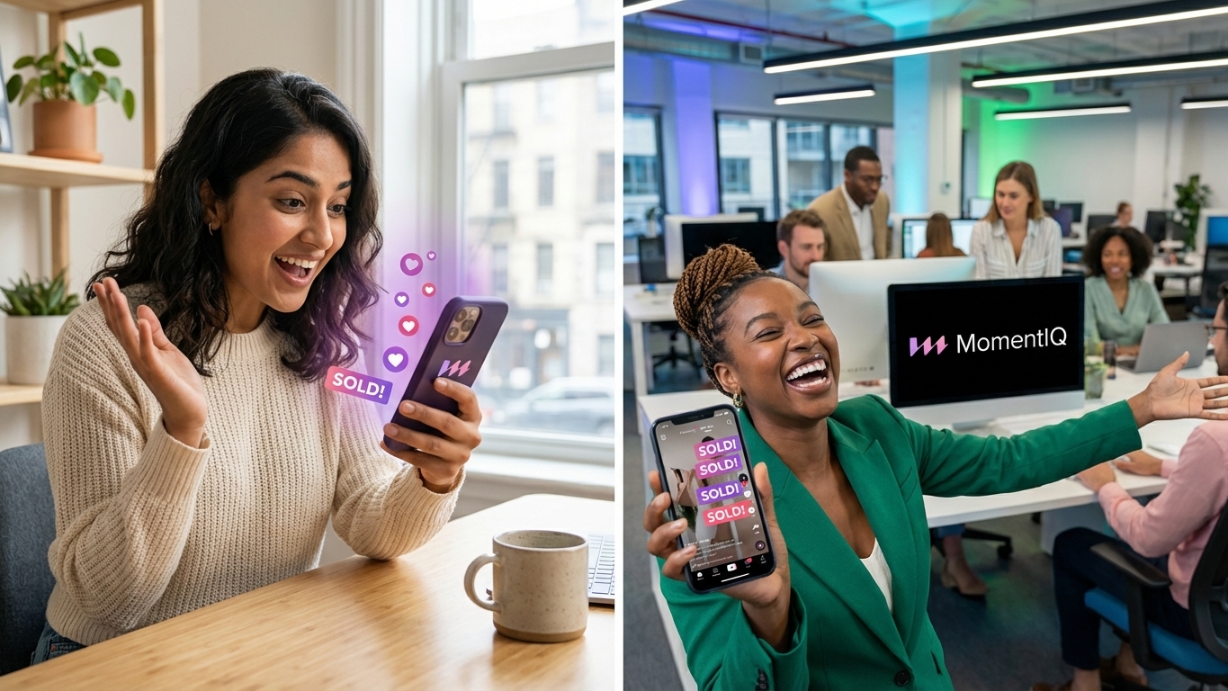 Excited creator watching her TikTok Shop product video go viral with 'SOLD!' comments and heart emojis.