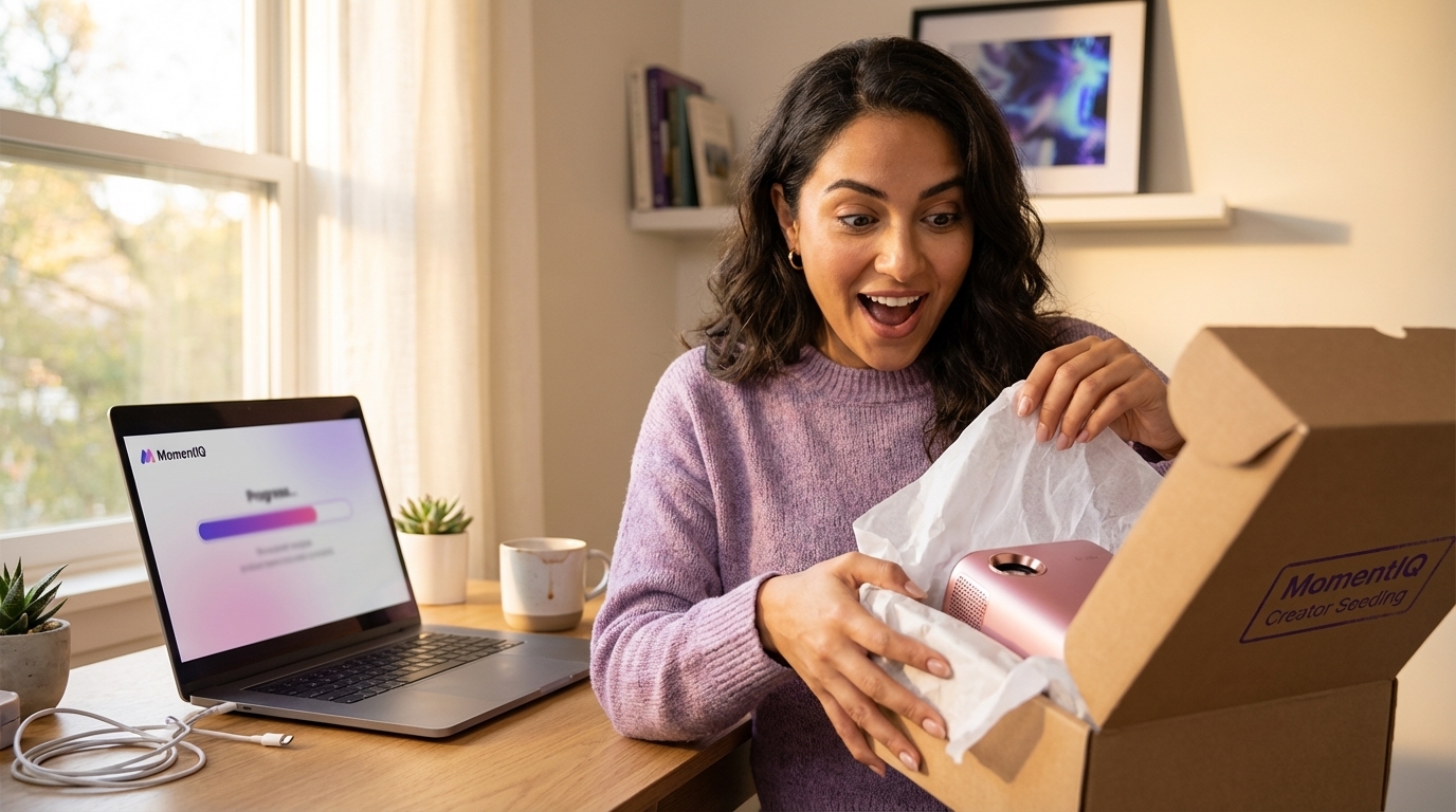 Joyful creator unboxing a MomentIQ Creator Seeding package with a new product, ready to film content.