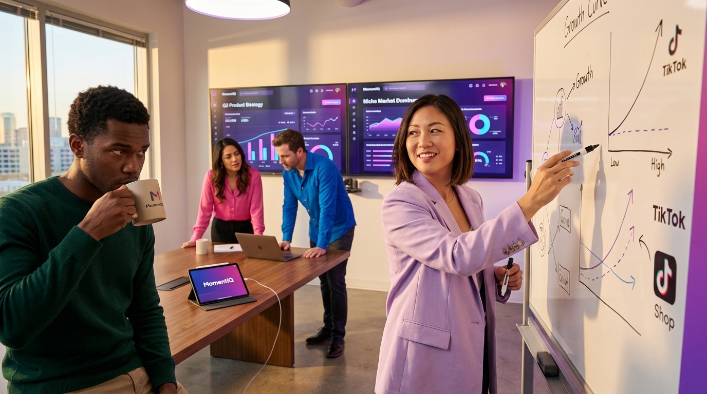 MomentIQ team confidently planning TikTok Shop growth strategies in a modern war room with analytics screens.