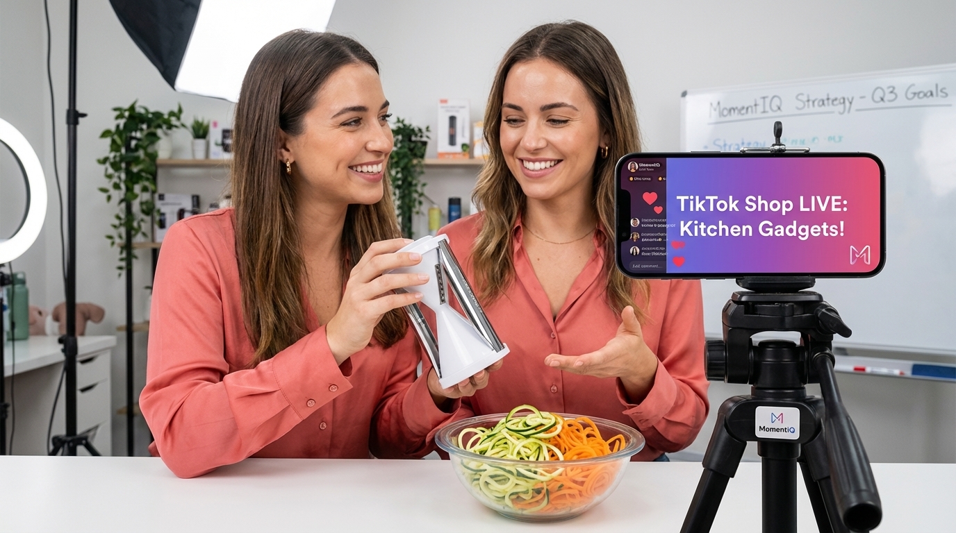 Energetic live shopping host demonstrating a kitchen gadget on TikTok Shop, chat flooding with positive comments.