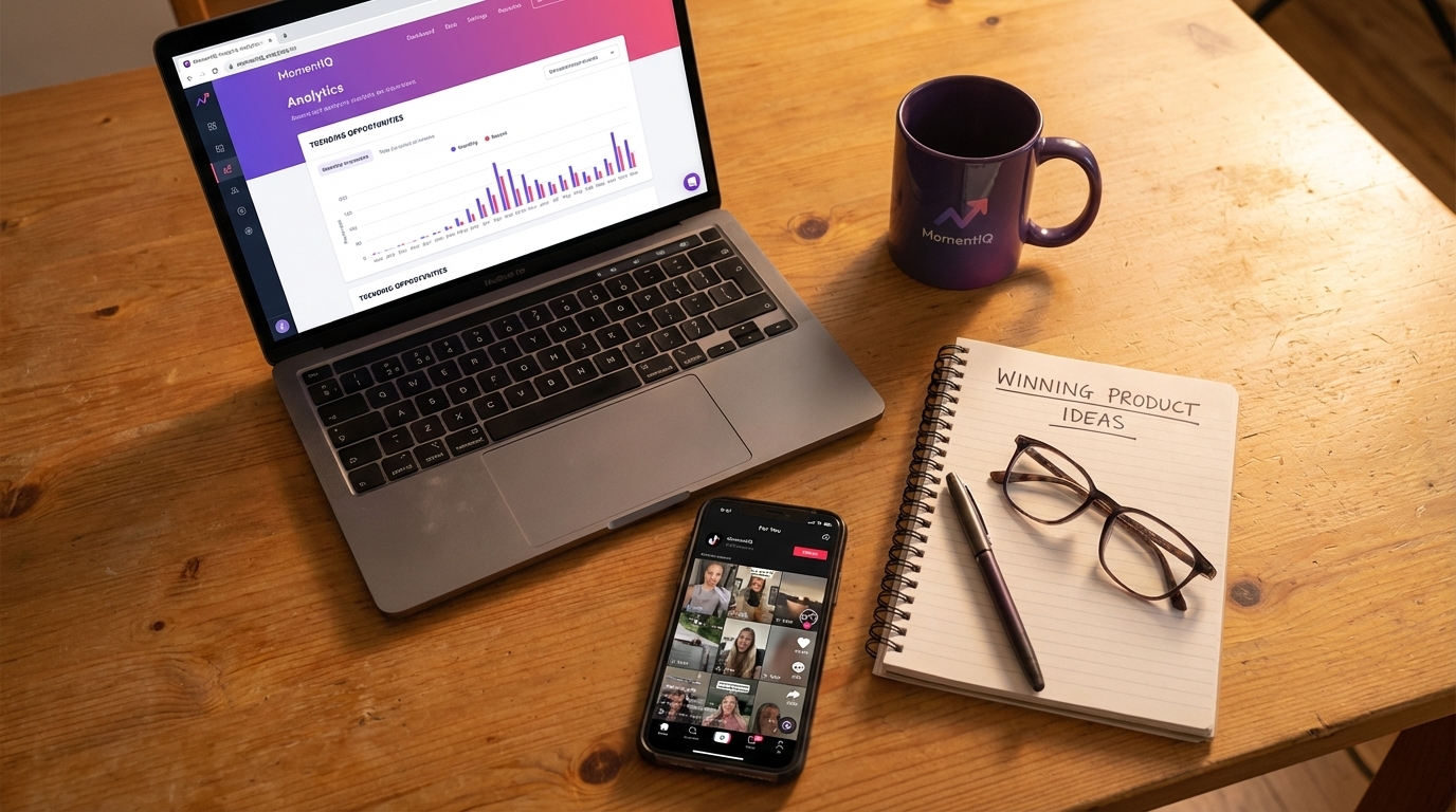 Flat lay of a desk with laptop showing TikTok Shop analytics, smartphone with trending content, and a notebook with winning product ideas.