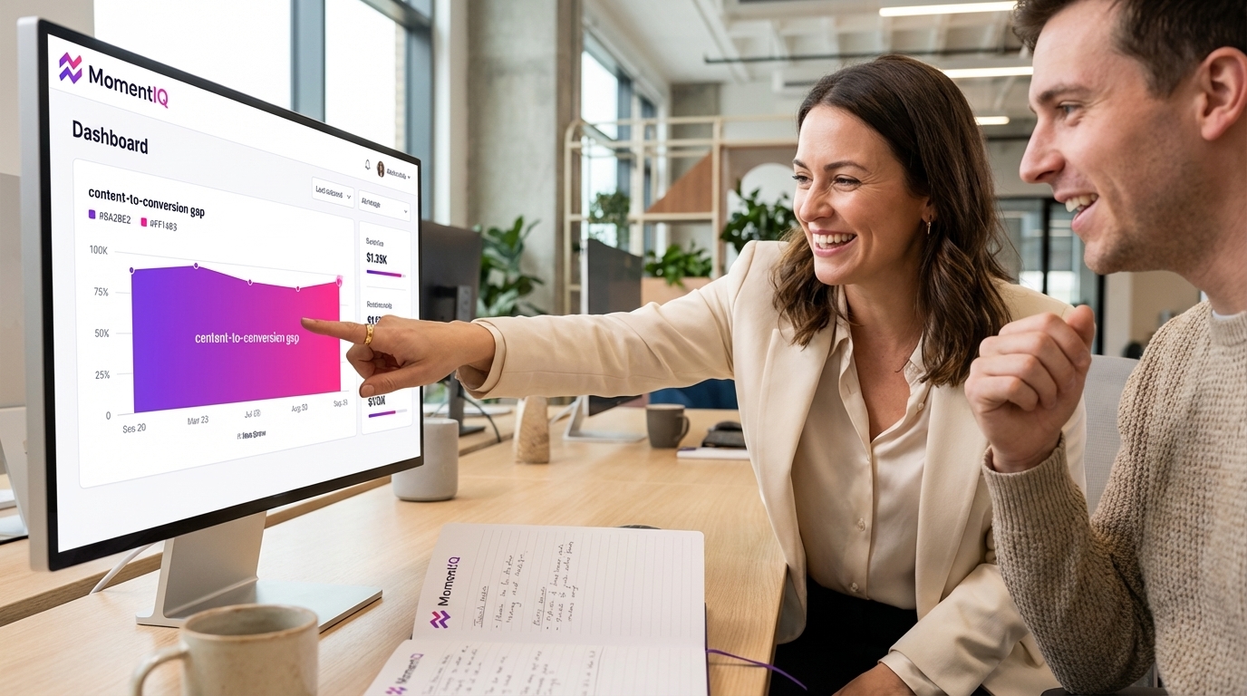 Product manager confidently pointing to content-to-conversion gap data on a MomentIQ dashboard for TikTok Shop.