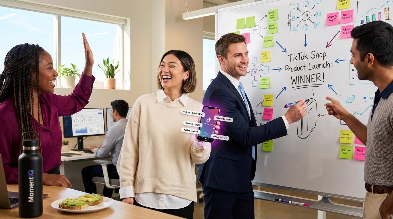 E-commerce team collaborating on a TikTok Shop product launch, celebrating discovery of high-demand product from comments.