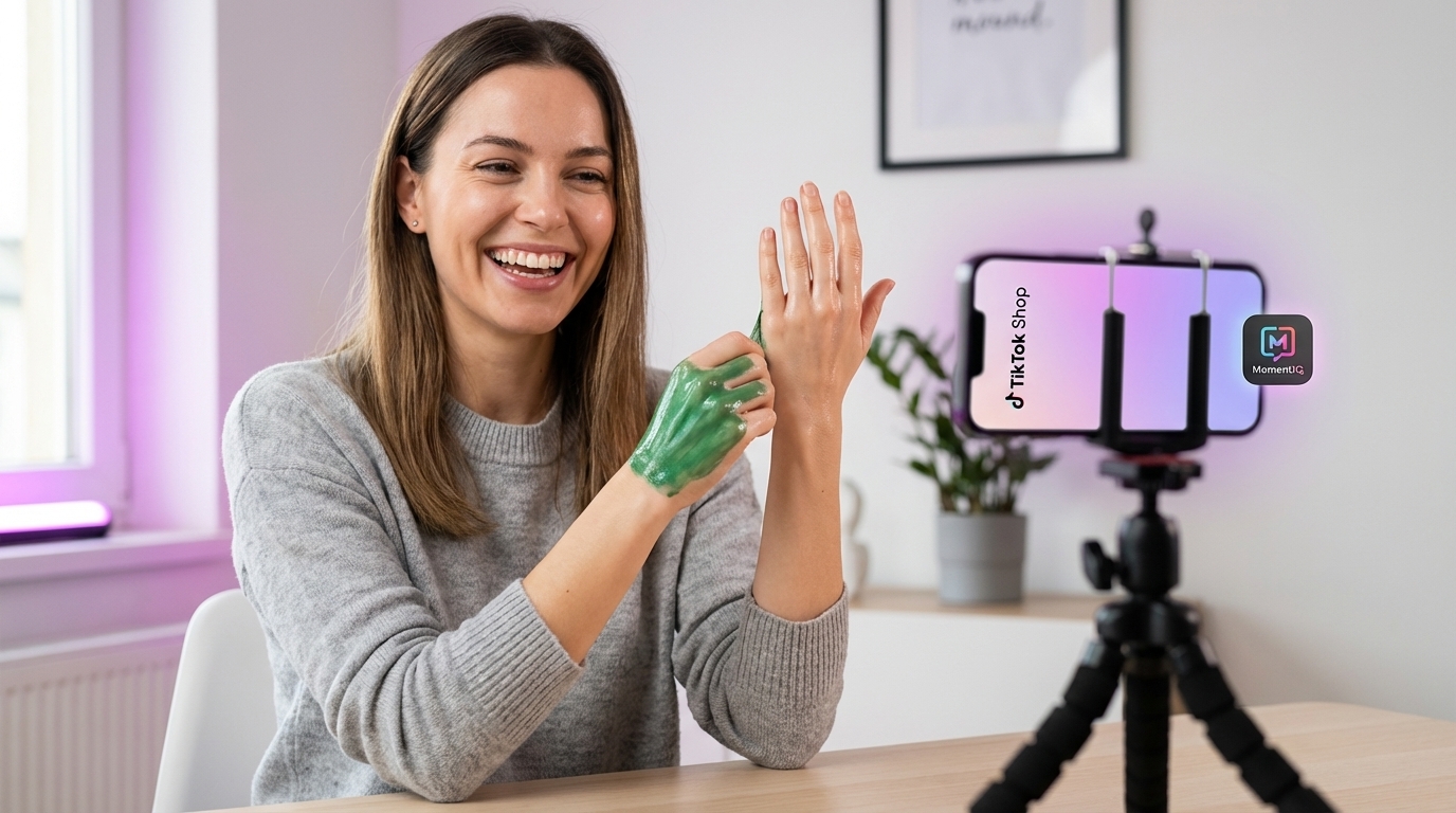 Joyful TikTok Shop creator demonstrating a peel-off face mask with dramatic 'before and after' effect for viral content.