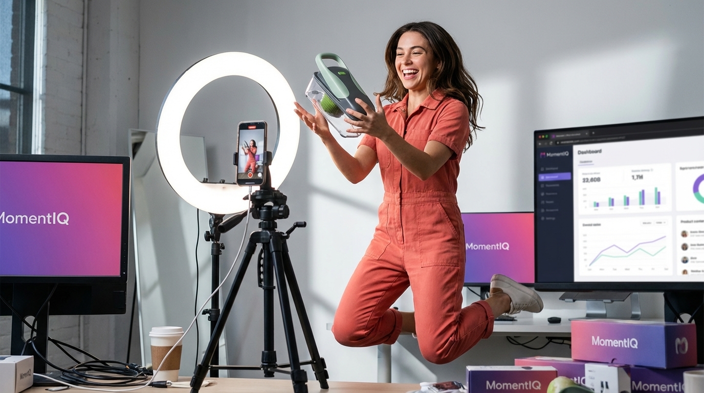 Dynamic shot of a joyful TikTok Shop creator playfully catching a kitchen gadget, embodying energetic content creation.