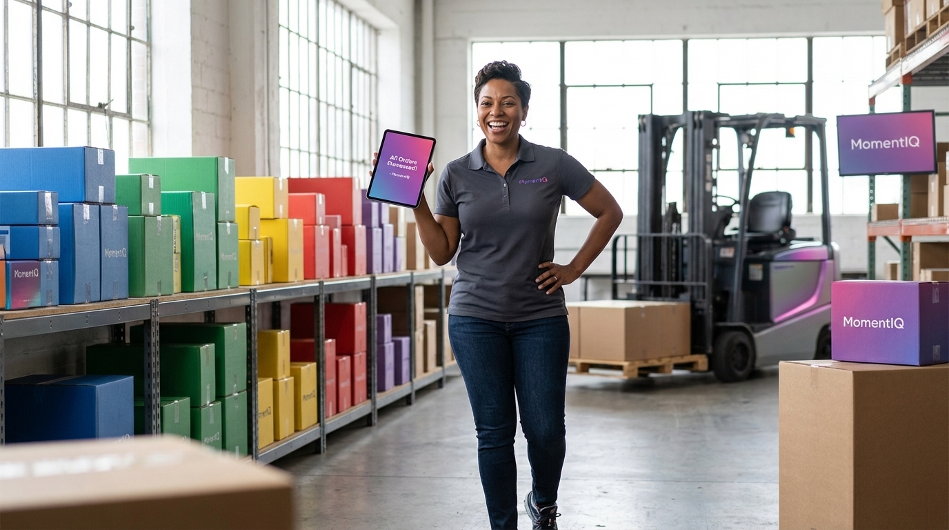 Aspirational shot of a modern fulfillment center with branded shipping boxes and a team leader reviewing TikTok Shop fulfillment dashboard.