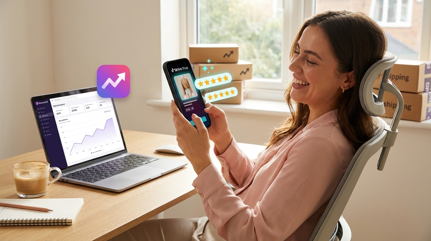 Confident brand founder smiling at glowing TikTok Shop product reviews and upward sales trends on her phone and laptop, surrounded by branded shipping boxes.