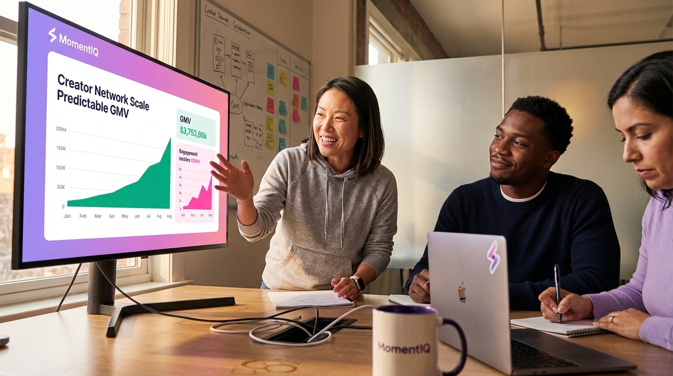 Brand team in a war room, discussing TikTok analytics and growth strategies with energetic, focused expressions.