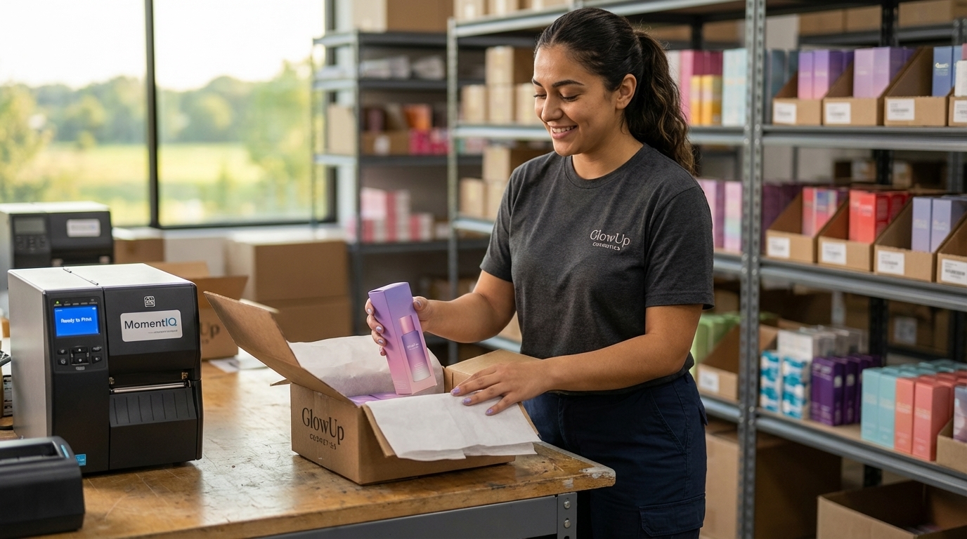 Aspirational view of a modern fulfillment center with organized inventory, a smiling specialist packing branded TikTok Shop orders.