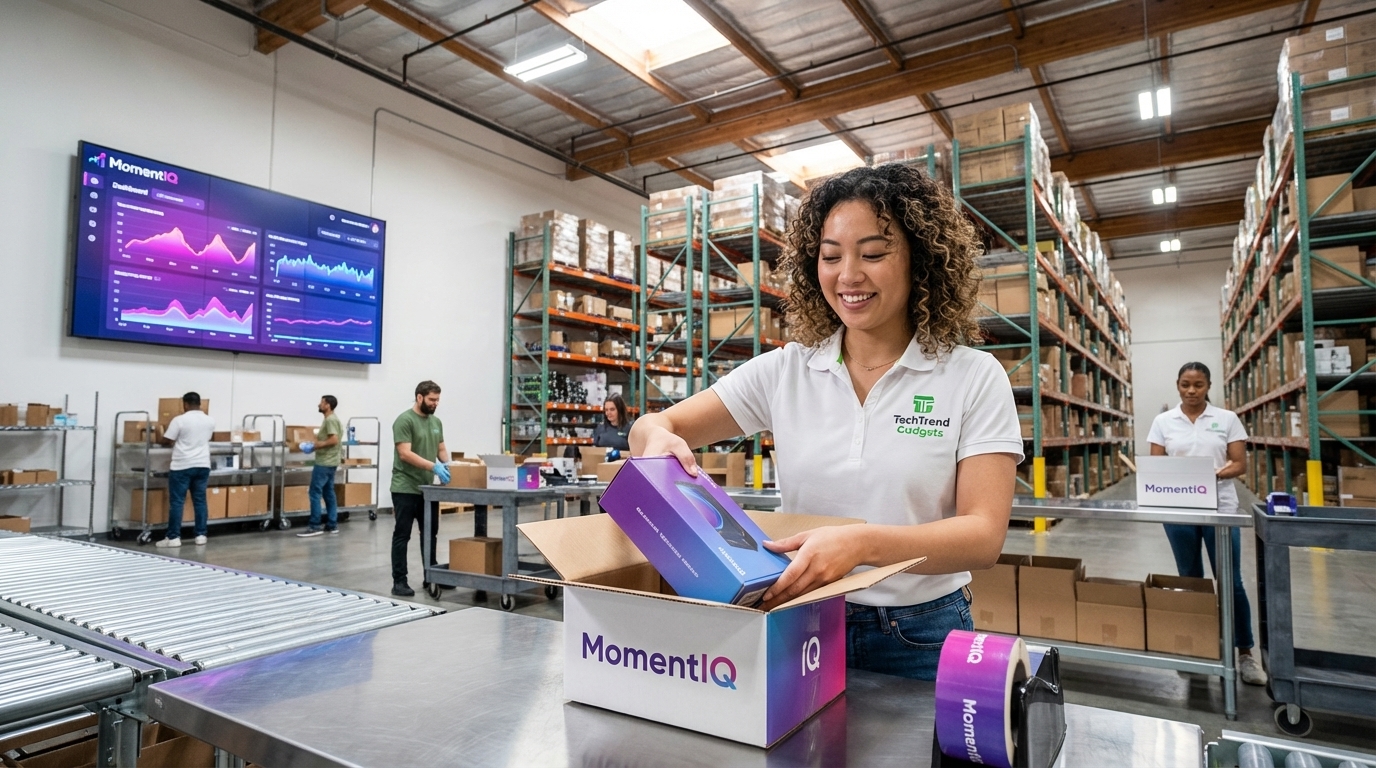 Aspirational view of a modern fulfillment center with organized inventory, a smiling specialist packing branded TikTok Shop orders.