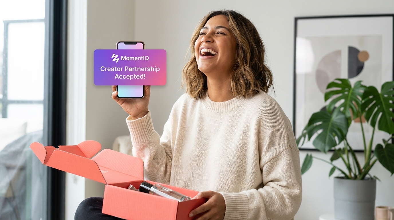 Joyful creator laughing, holding phone showing 'Creator Partnership Accepted!' notification from TikTok Shop, with an excitedly opened product seeding package.