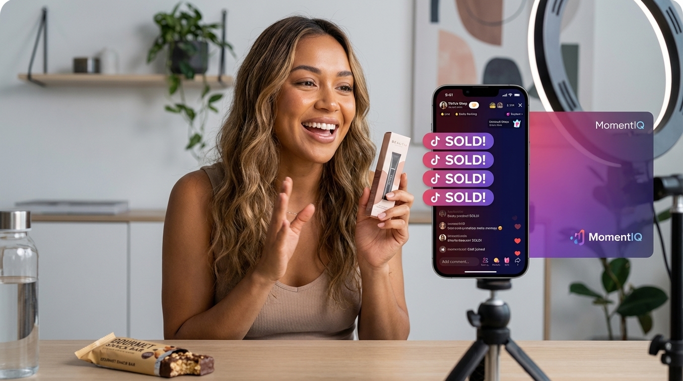Charismatic creator confidently presenting a product during a TikTok Shop live stream, with 'SOLD!' overlays and heart emojis flooding the chat.
