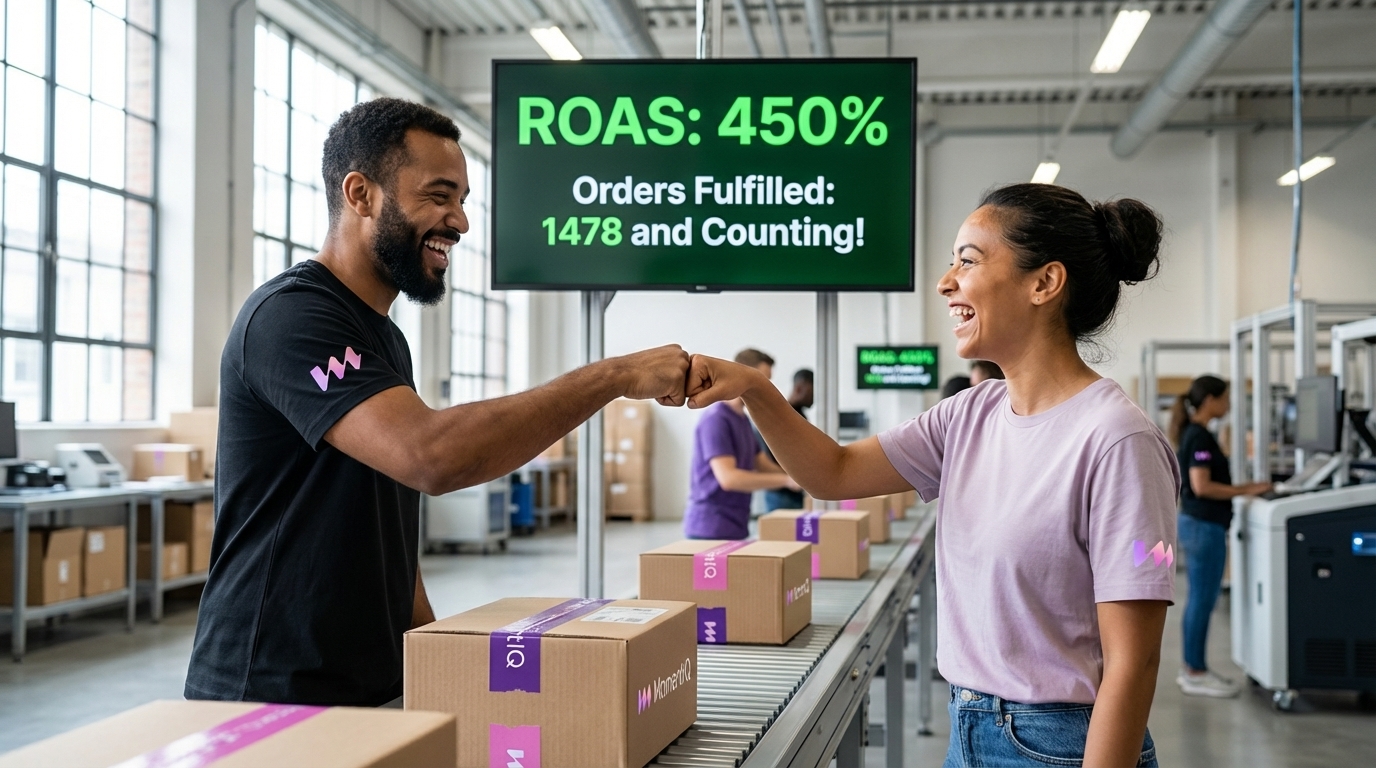Warehouse team fist-bumping in front of a digital display showing 450% ROAS for TikTok Shop orders, surrounded by packed branded boxes.