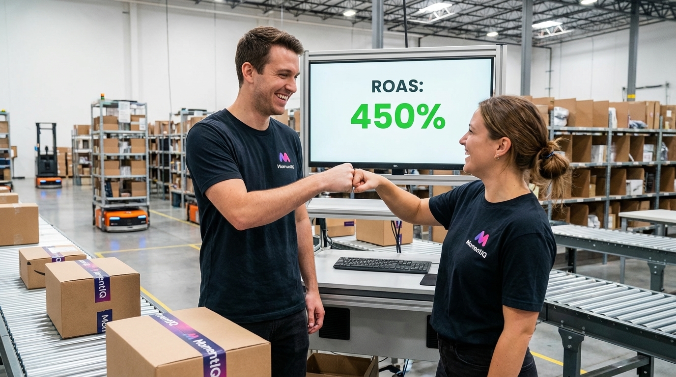 Warehouse team fist-bumping in front of a digital display showing 450% ROAS for TikTok Shop orders, surrounded by packed branded boxes.