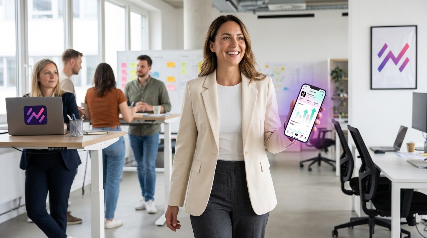 Stylish entrepreneur confidently striding through an office, viewing a TikTok Shop dashboard with surging growth metrics on her phone.