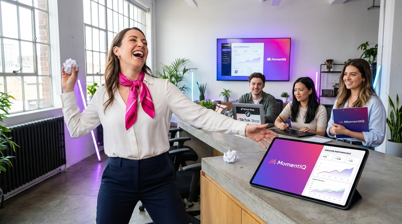 Brand manager laughing and discarding crumpled paper, gesturing towards a streamlined TikTok Shop creator management interface on a tablet, symbolizing efficiency.