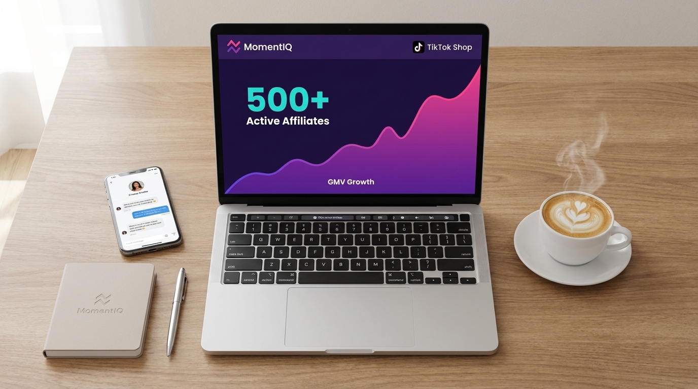 Flat lay of a laptop showing a TikTok Shop dashboard with 500+ active affiliates and increasing GMV, surrounded by organized branding materials.