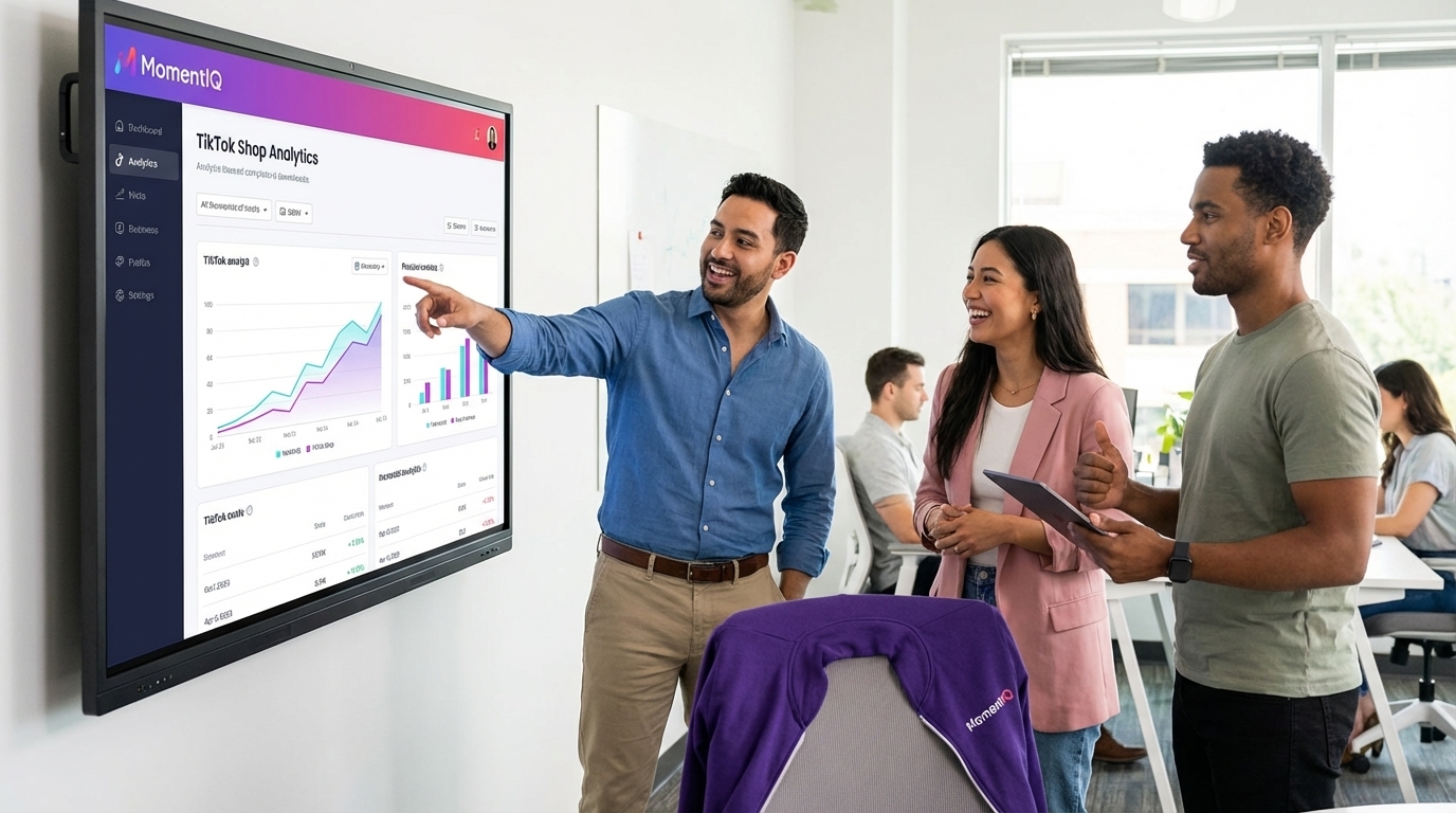 Team joyfully reviewing sophisticated TikTok Shop analytics showing hundreds of newly onboarded affiliates, in a brightly lit, productive office.