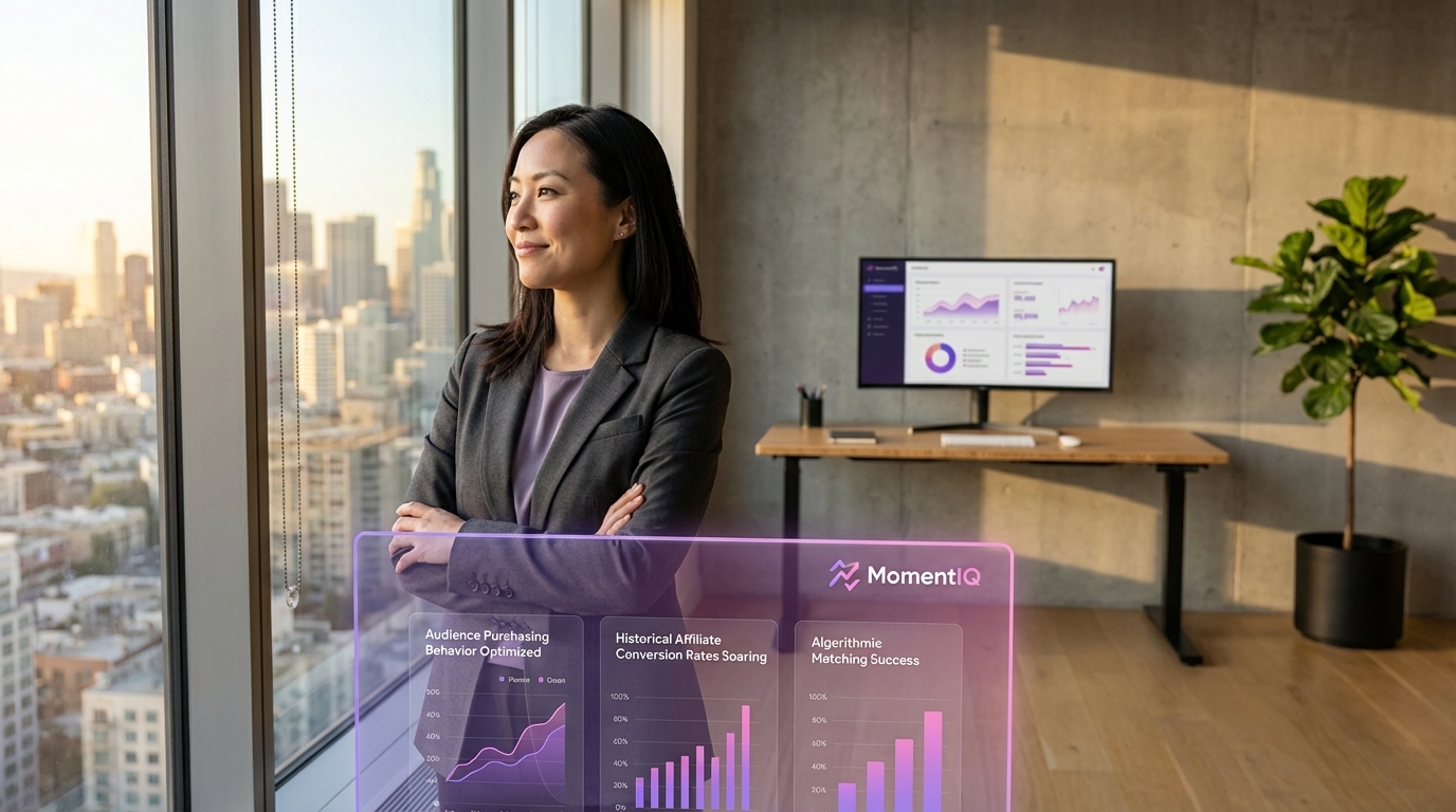 Aspirational shot of a confident CEO in a modern office, with transparent digital overlay showing optimized TikTok Shop audience purchasing behavior and soaring conversion rates.