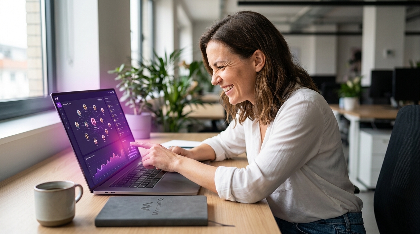 Marketing manager with a focused squint, highlighting a data point on her laptop screen displaying TikTok Shop data visualization for mathematically proven creator matches.