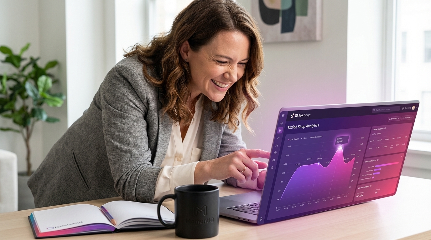 Marketing manager with a focused squint, highlighting a data point on her laptop screen displaying TikTok Shop data visualization for mathematically proven creator matches.