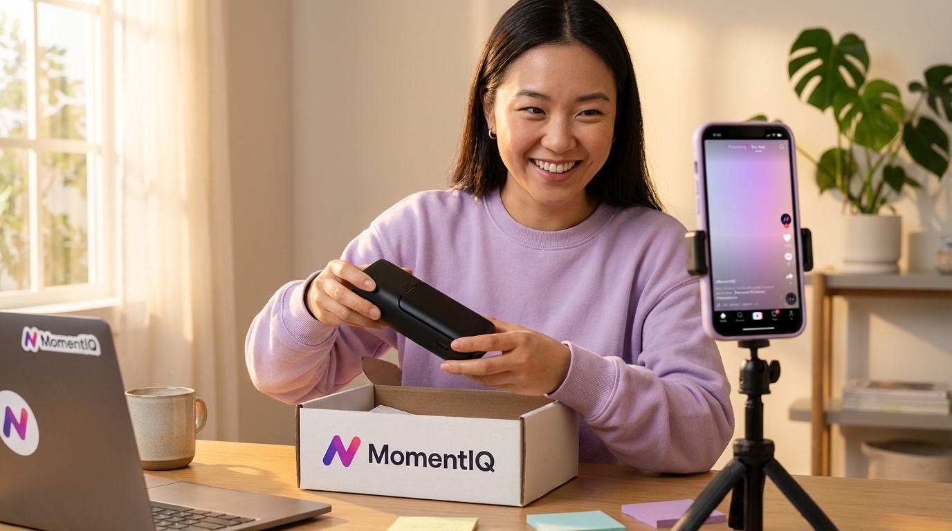 Vibrant creator enthusiastically unboxing a perfectly matched product from a branded seeding package in her cheerful TikTok studio.