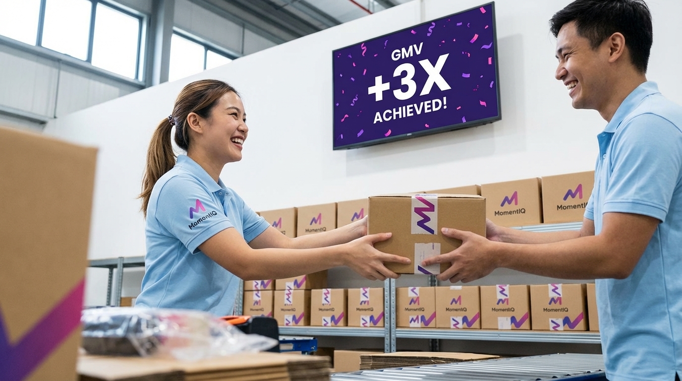 Cheerful warehouse associates celebrating 'GMV +3X ACHIEVED!' on a digital dashboard, surrounded by branded MomentIQ shipping boxes.