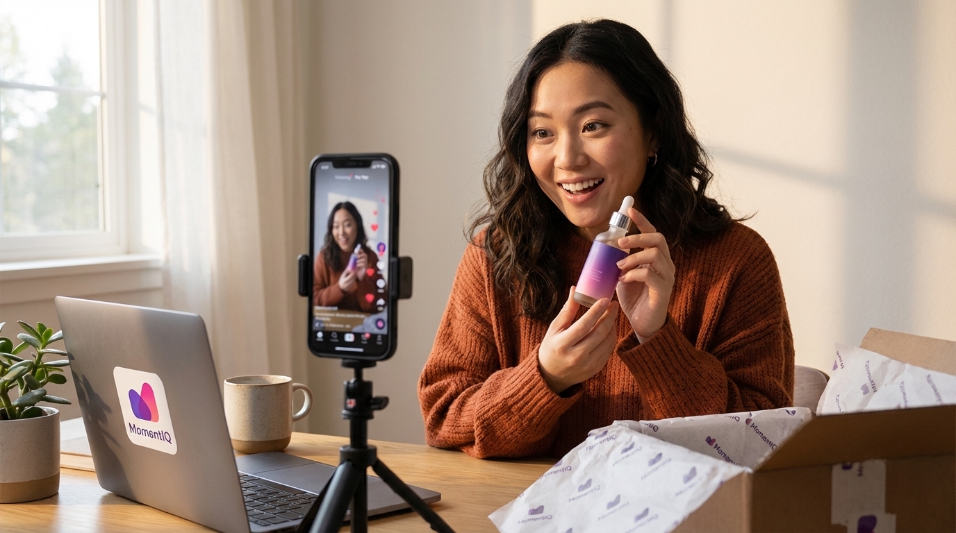 Joyful creator unboxing a product live on TikTok Shop, surrounded by brand packaging and ring light.