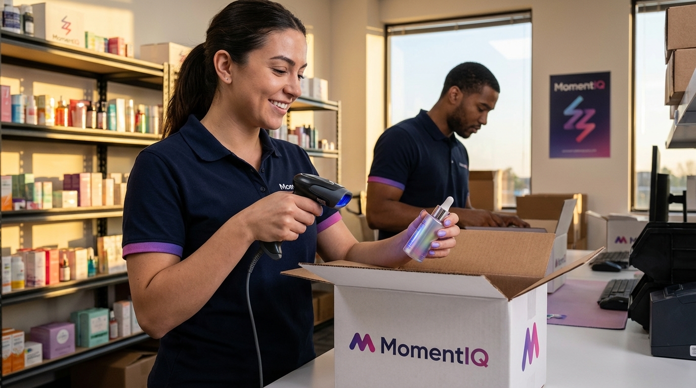 Efficient warehouse associate confidently packing a TikTok Shop order in a busy fulfillment center.