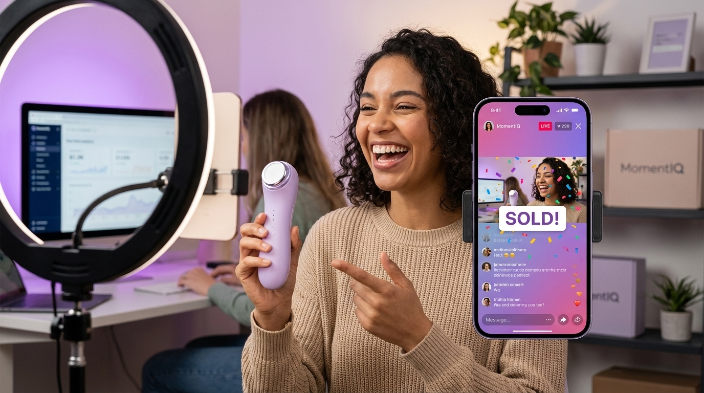Confident live shopping host selling products on TikTok Shop with 'SOLD!' overlays and active chat.
