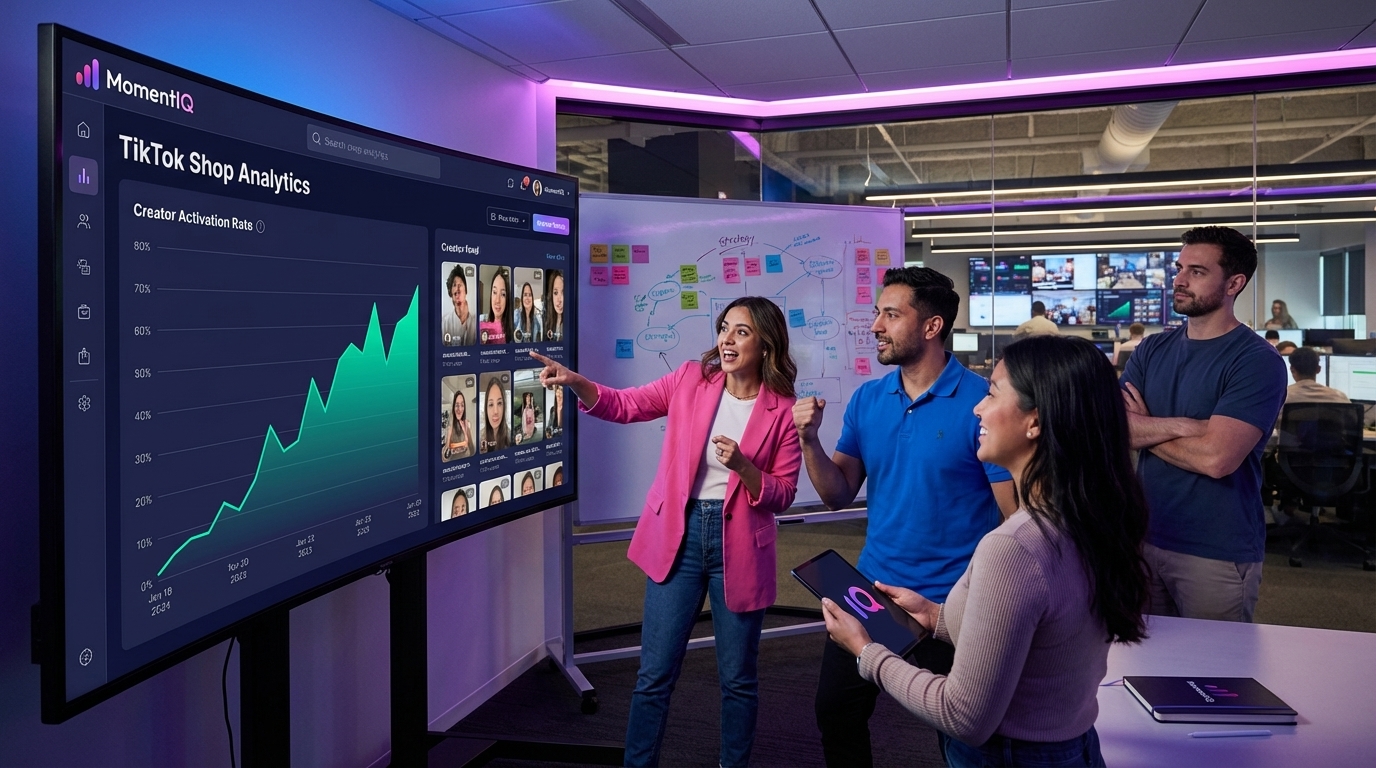 MomentIQ team celebrating successful TikTok Shop creator matching and onboarding on a large screen.