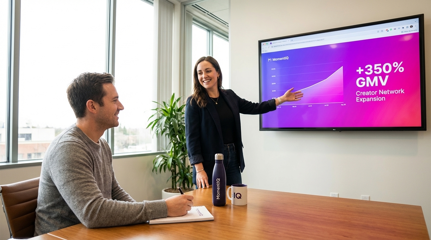 MomentIQ expert confidently presenting TikTok Shop growth forecasts and creator network expansion to a client.